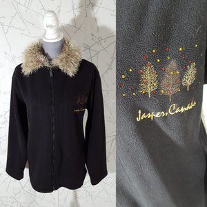 Cityscape Black Fleece Jasper Canada Embroidered Pullover w/ Faux Fur Collar